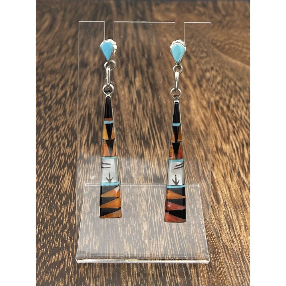Native American Sterling Silver Zuni Handmade Multi Stone Inlay Dangle Earring